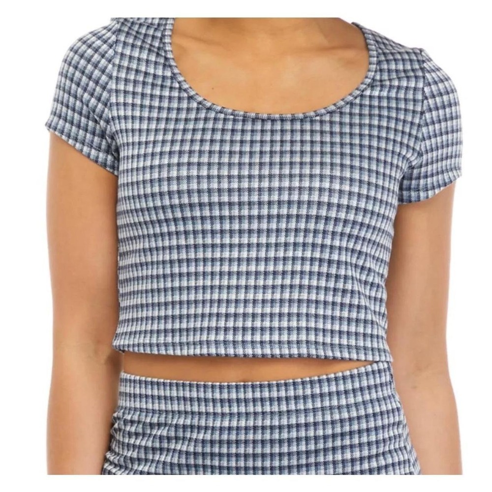 Freshman Checkered Crop Top Womens Medium Blue Short Sleeve Crew Neck T-Shirt